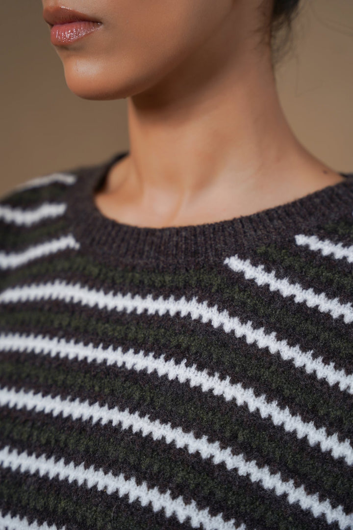 BROWN PINSTRIPE WEAVE SWEATER