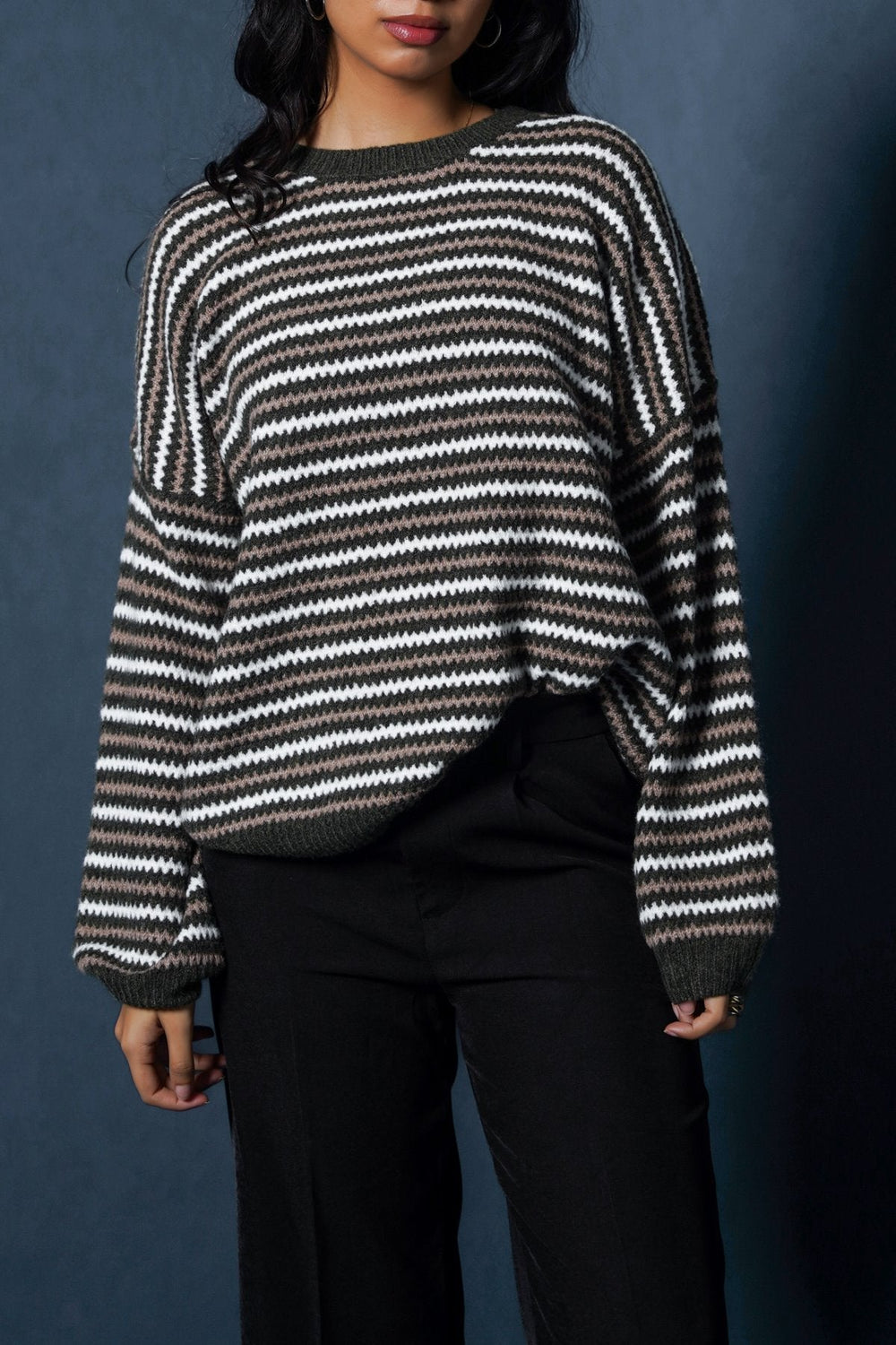 GREEN PINSTRIPE WEAVE SWEATER