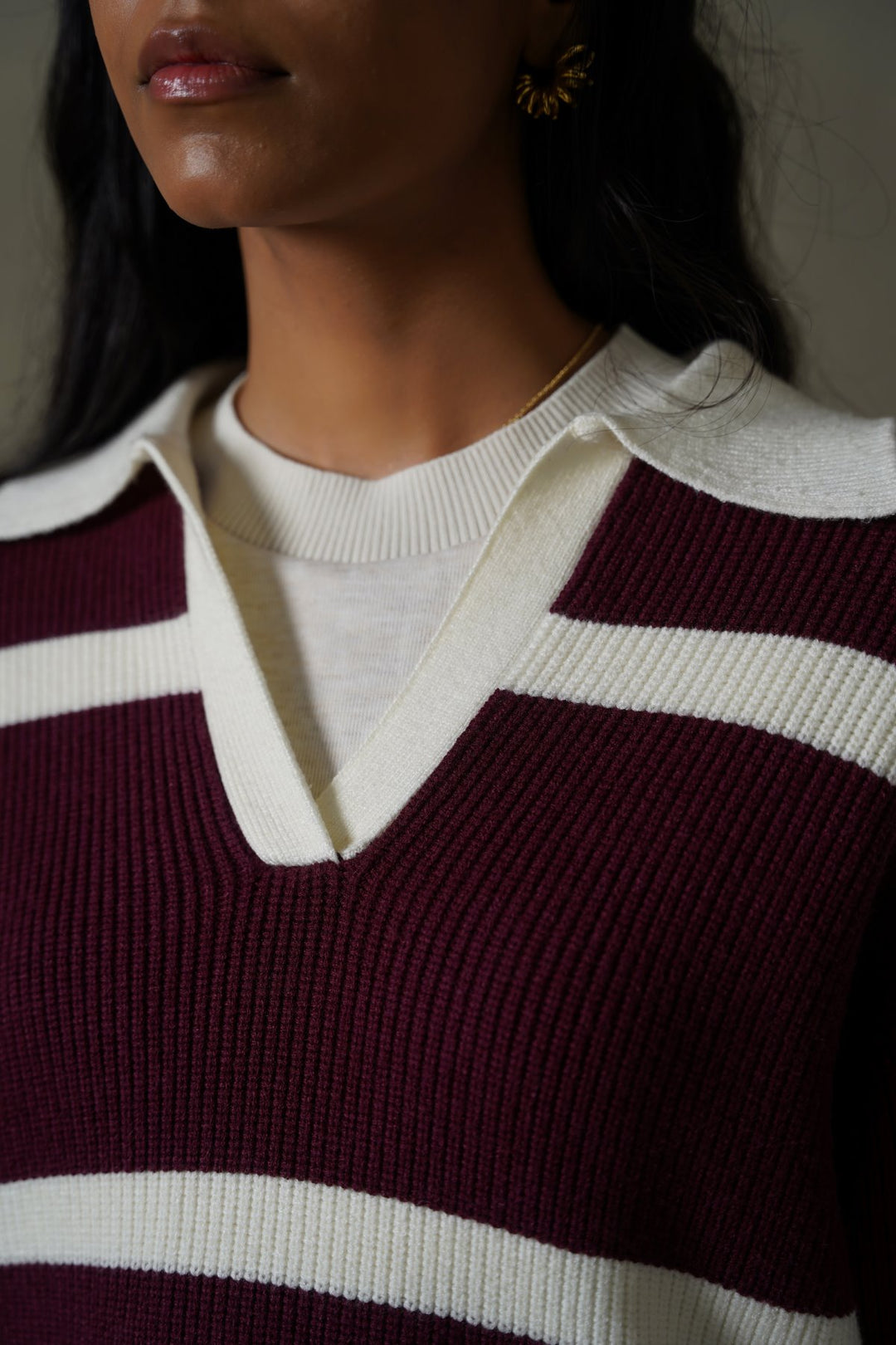BURGUNDY POLO KNIT PULLOVER