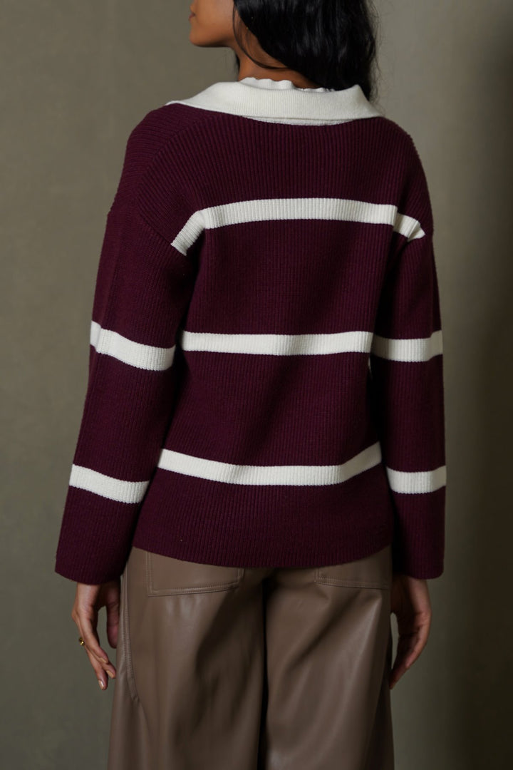 BURGUNDY POLO KNIT PULLOVER