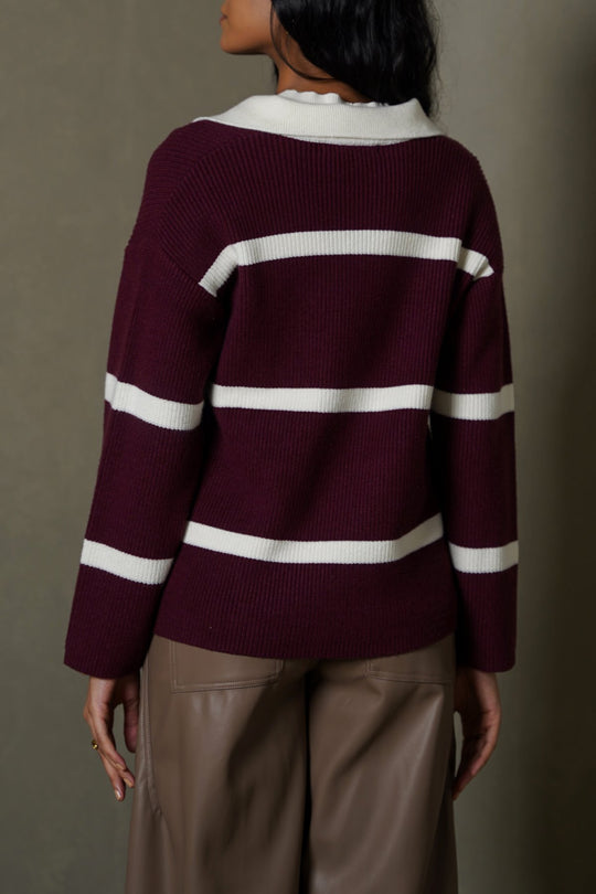 BURGUNDY POLO KNIT PULLOVER