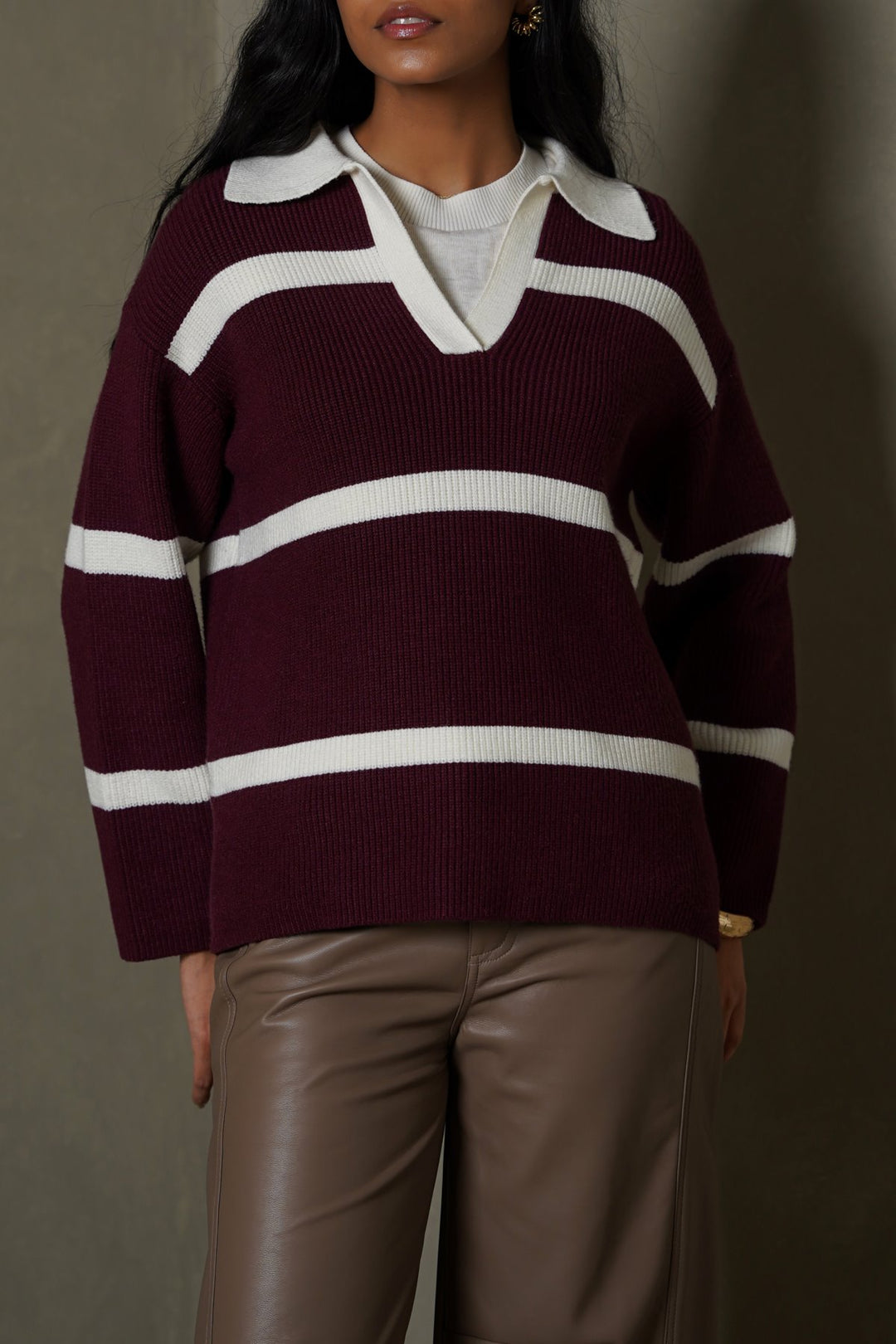BURGUNDY POLO KNIT PULLOVER