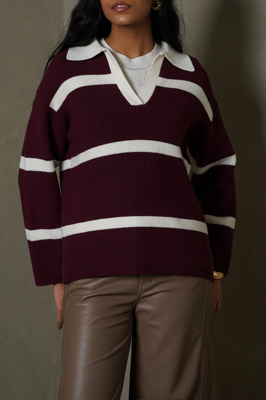 BURGUNDY POLO KNIT PULLOVER