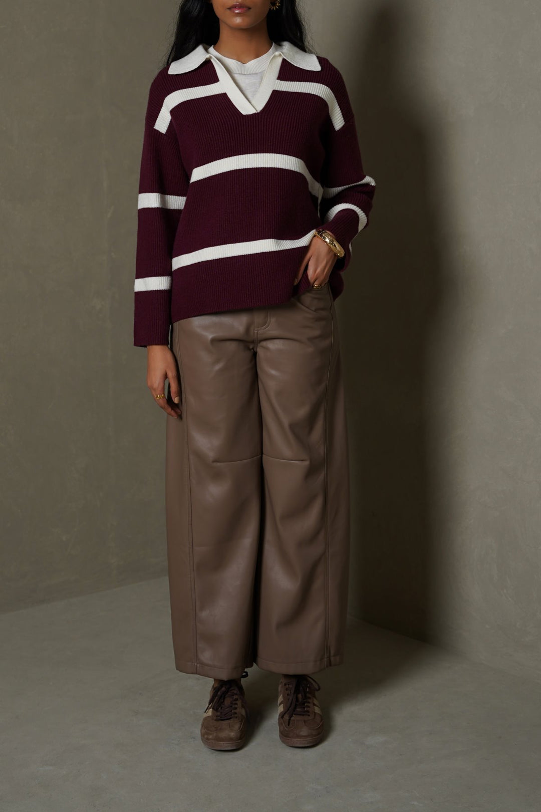 BURGUNDY POLO KNIT PULLOVER