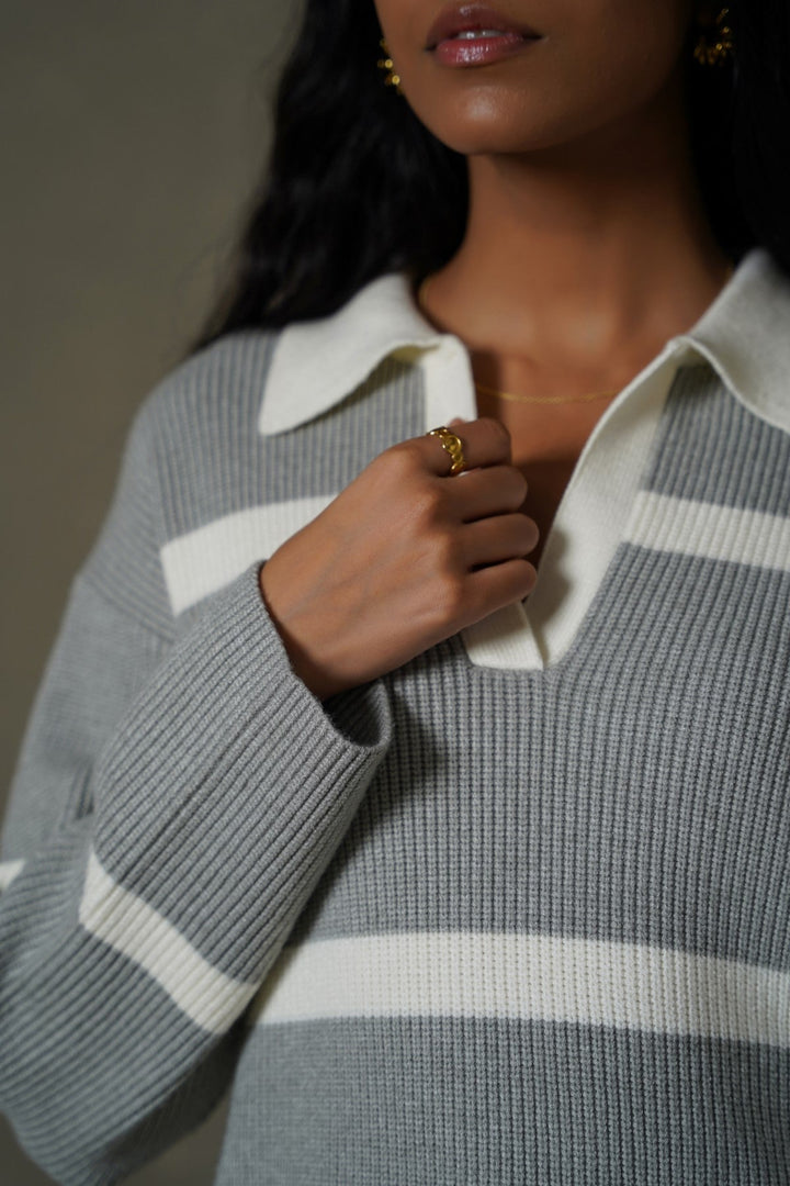 GREY POLO KNIT PULLOVER