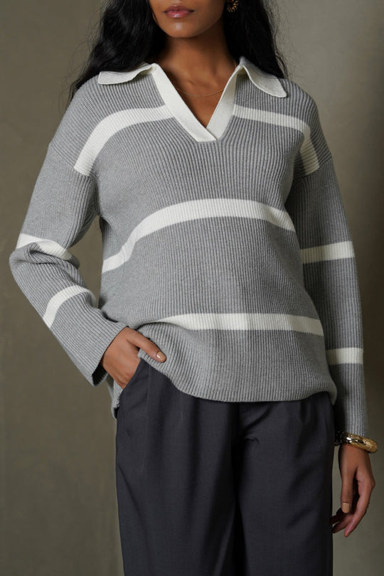 GREY POLO KNIT PULLOVER