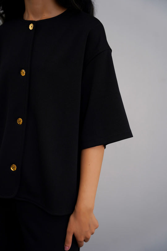 BLACK TWILL TEXTURED BLOUSE