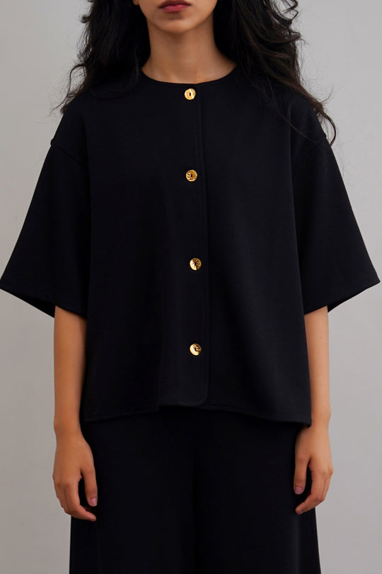 BLACK TWILL TEXTURED BLOUSE