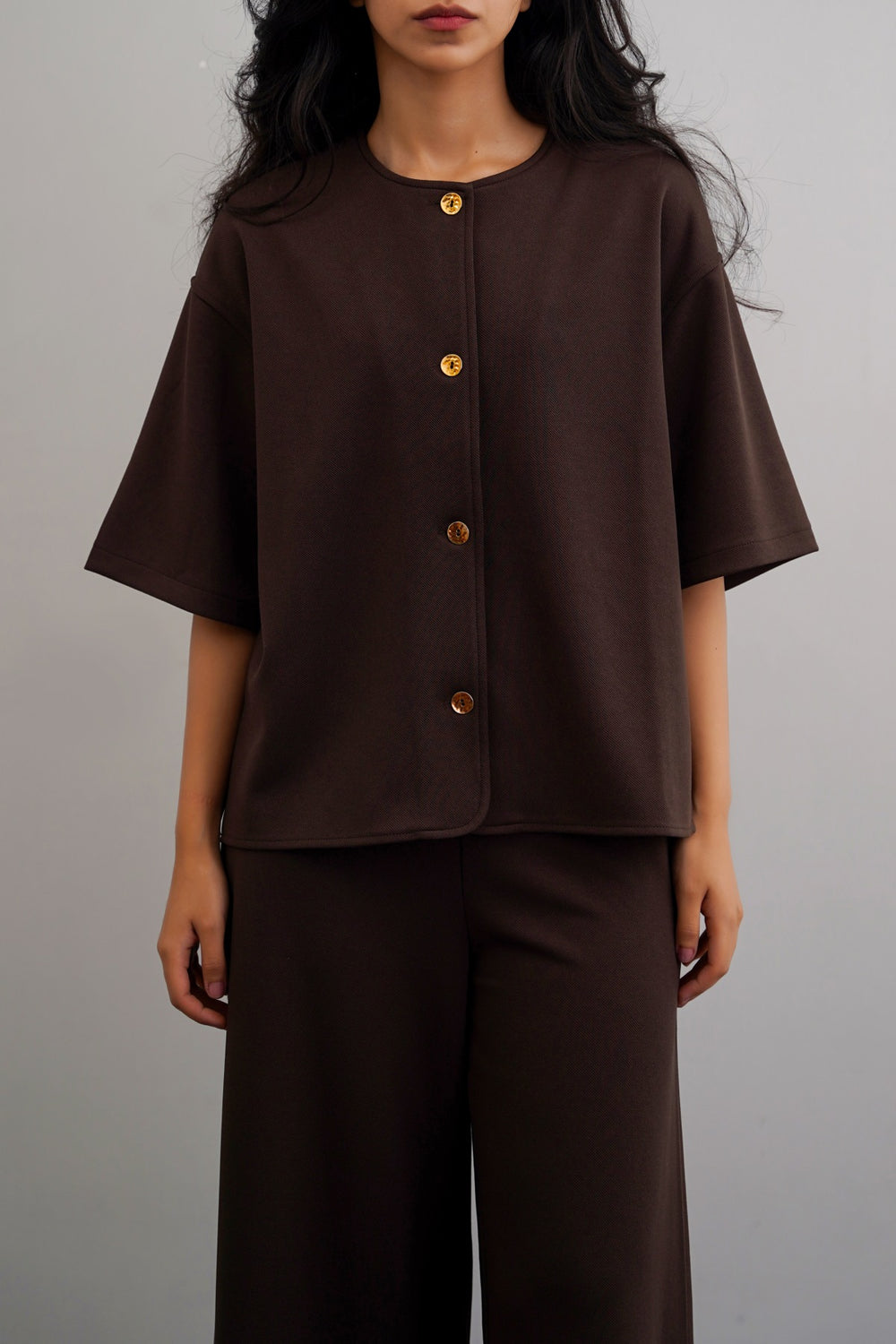 DARK BROWN TWILL TEXTURED BLOUSE