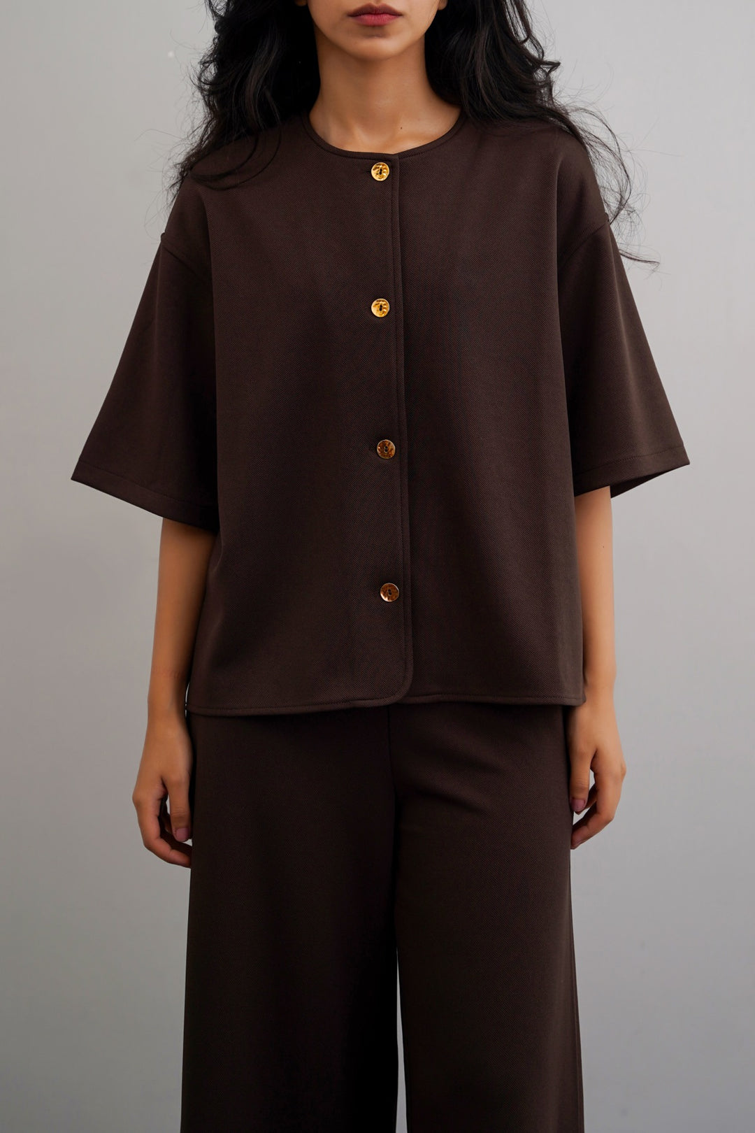 DARK BROWN TWILL TEXTURED BLOUSE