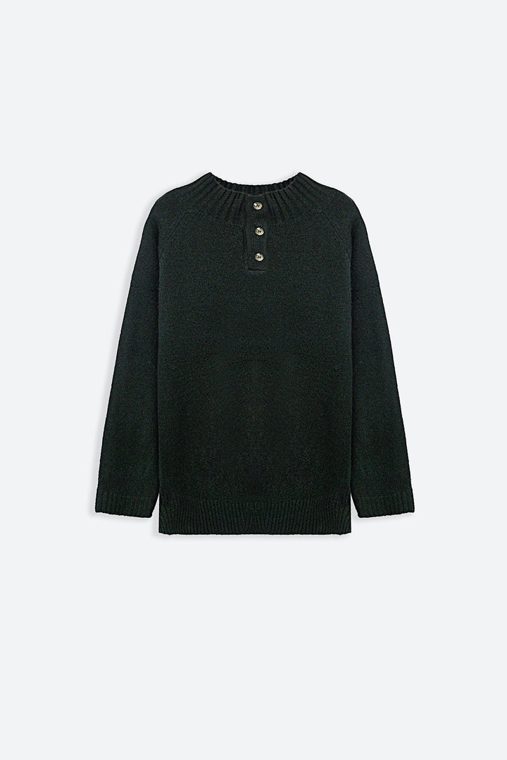 DARK GREEN HENLEY RIBBED PULLOVER