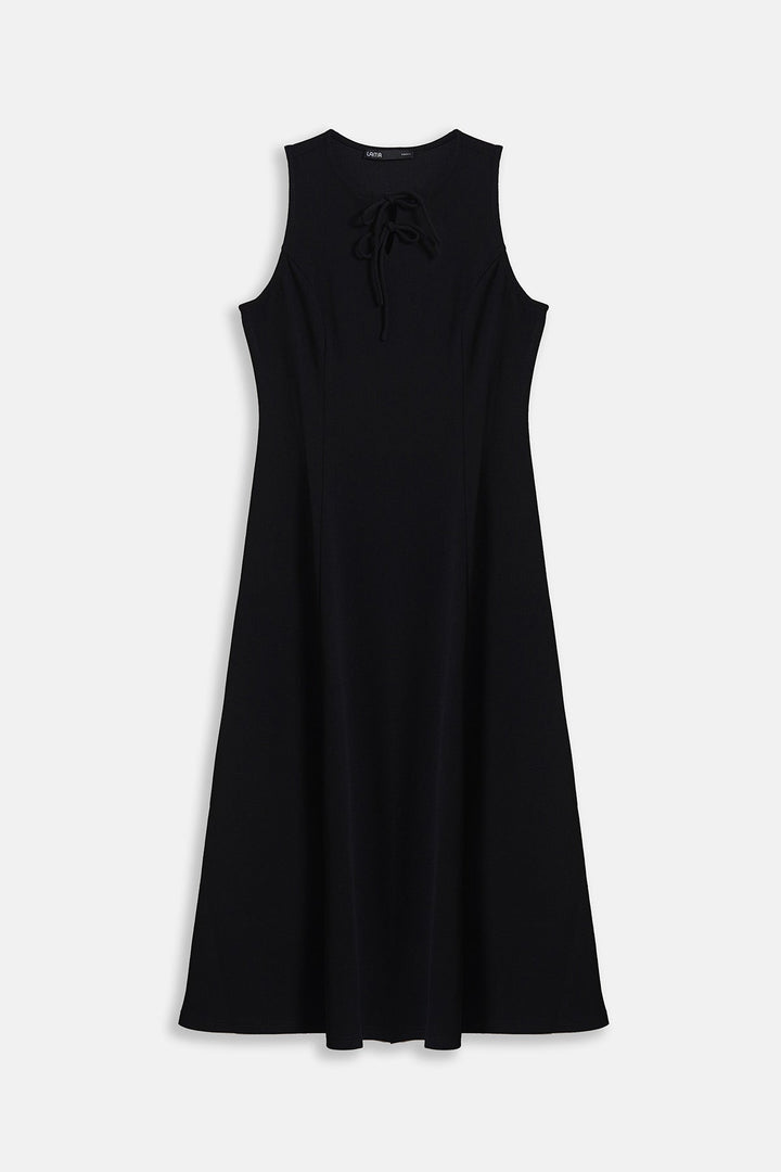 BLACK-FRONT TIE NECK DRESS