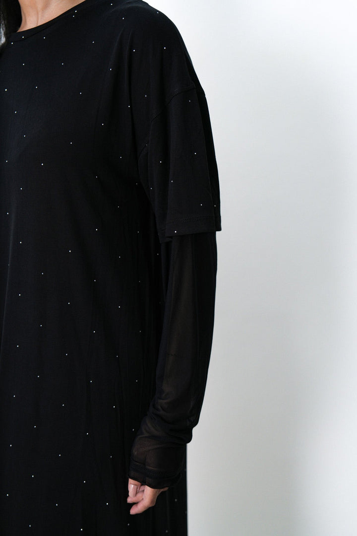 BLACK MESH CUFF MAXI DRESS