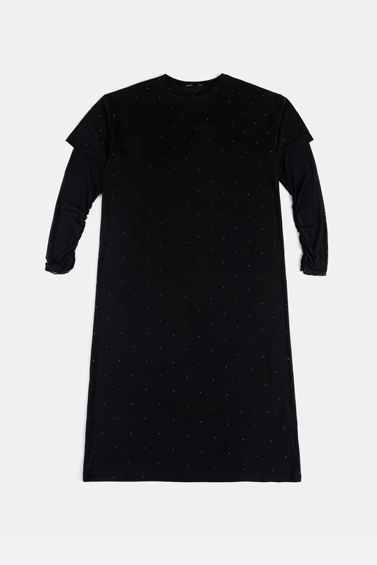 BLACK MESH CUFF MAXI DRESS