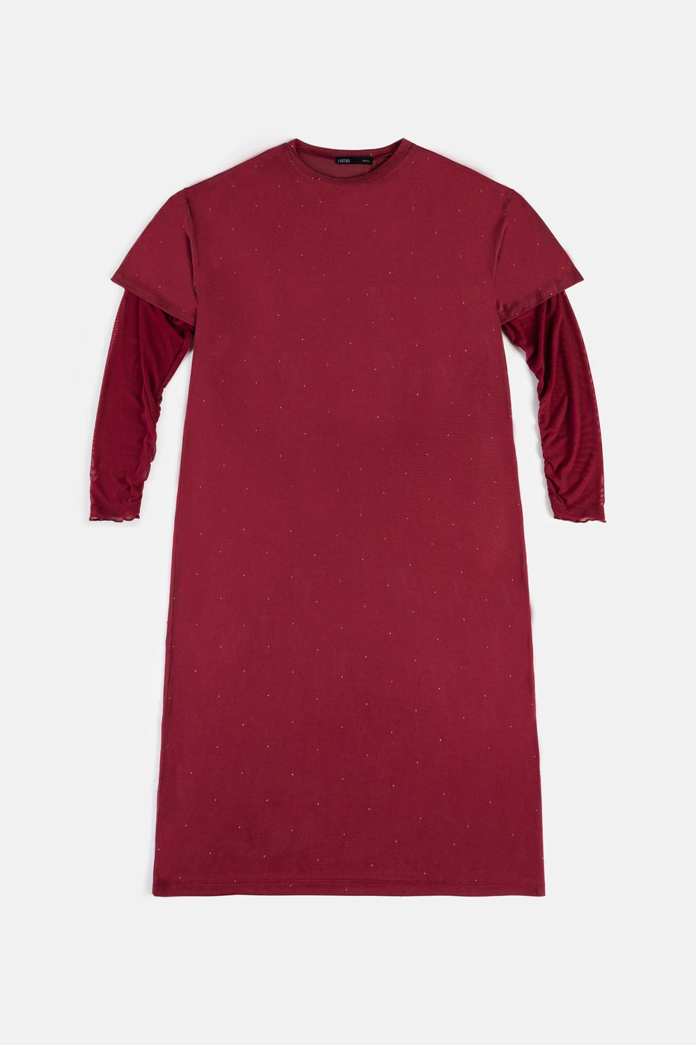 BURGUNDY MESH CUFF MAXI DRESS