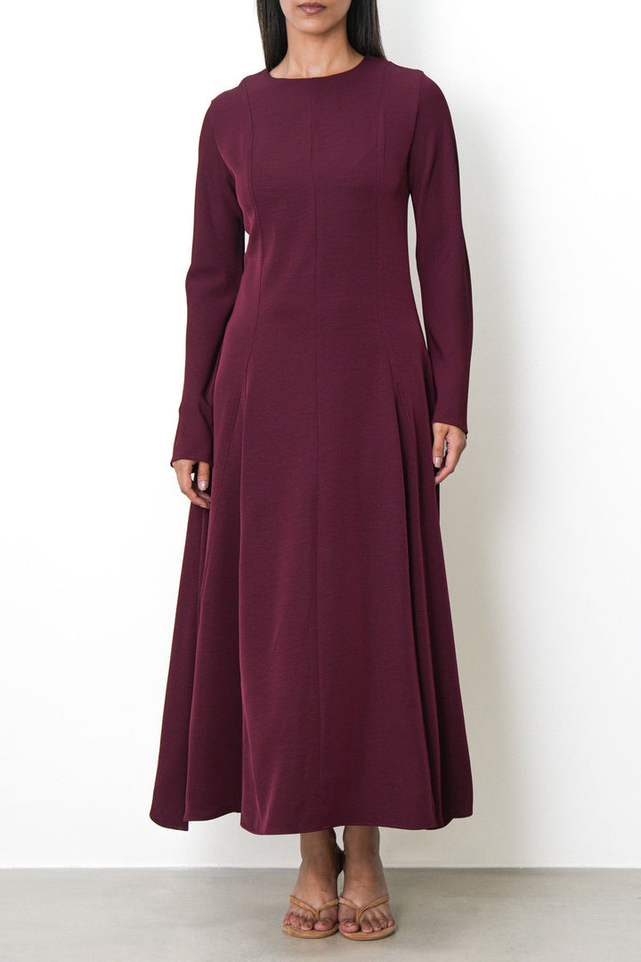 BURGUNDY SCULPT FLARE DRESS
