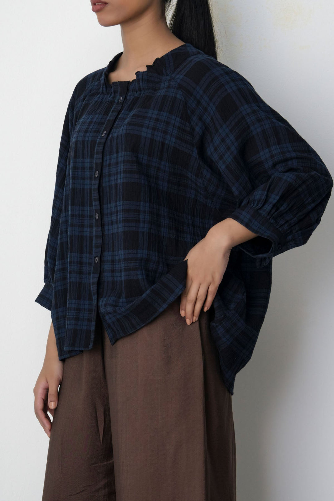 BLUE PLAID LOOSE BLOUSE