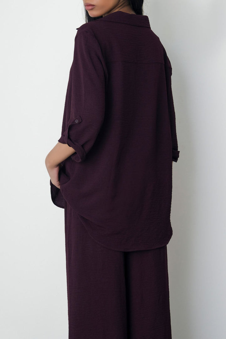 WINE SLINKY HALF PLACKET BLOUSE