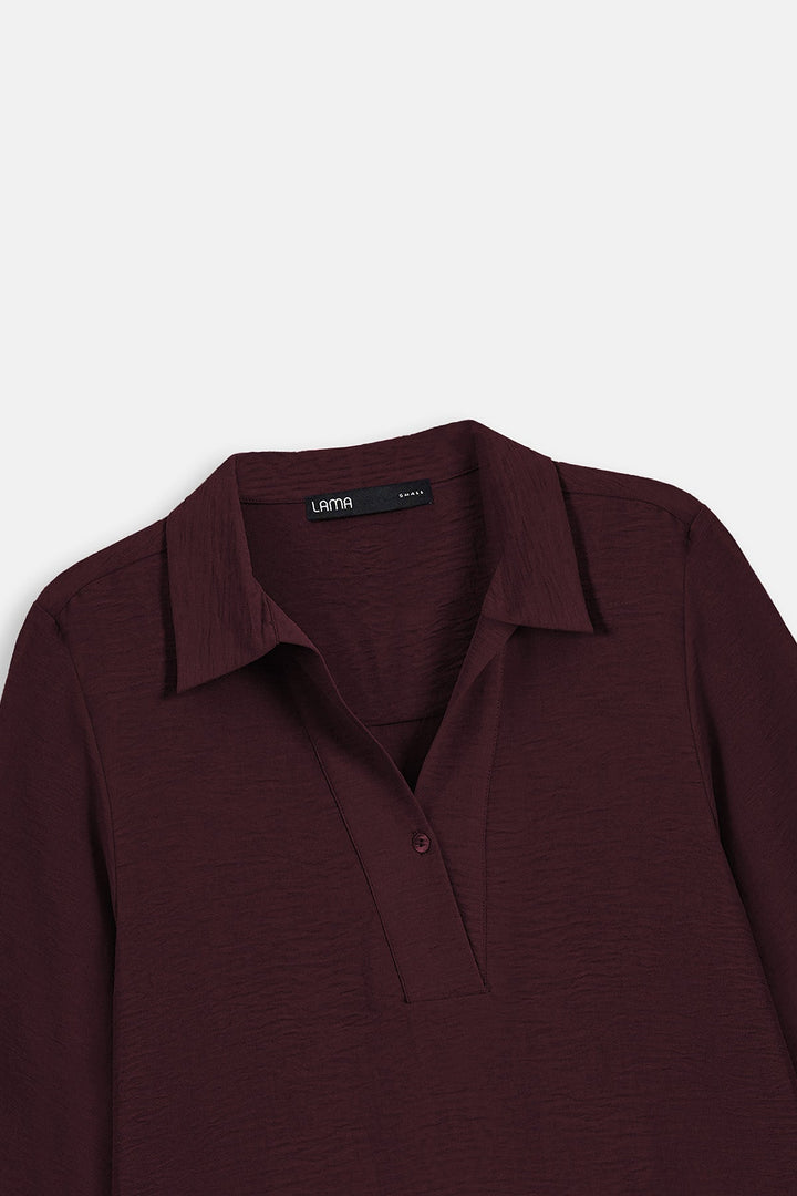 WINE SLINKY HALF PLACKET BLOUSE