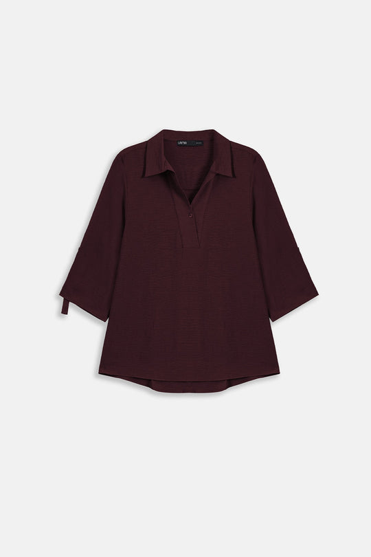 WINE SLINKY HALF PLACKET BLOUSE