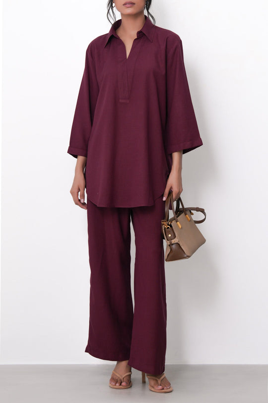 BURGUNDY-RELAXED COLLARED TOP