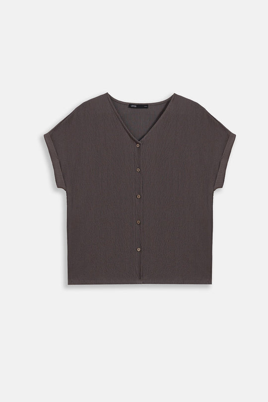 BROWN V-NECK KNIT BLOUSE