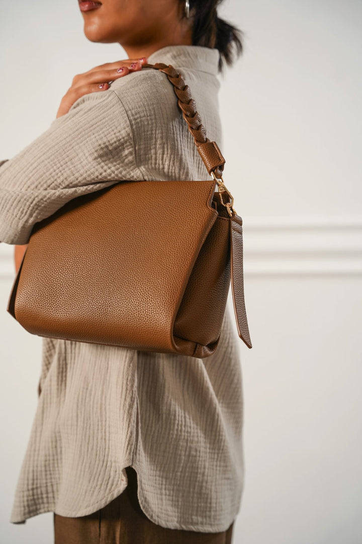 COFFEE BRAIDED TOP HANDLE BAG