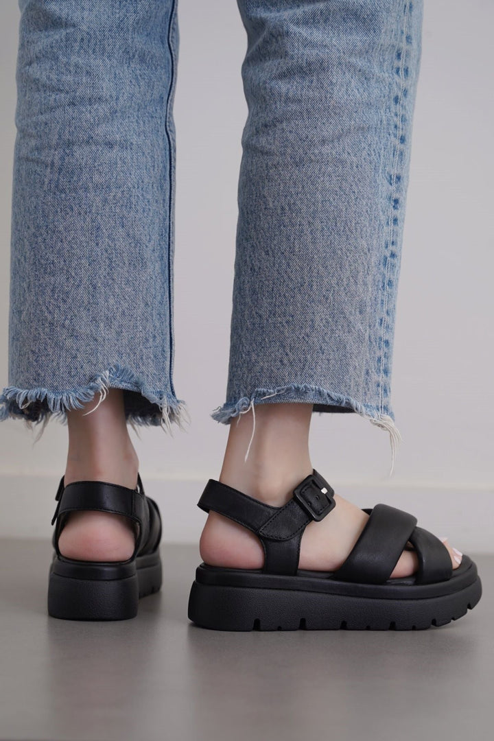 BLACK SOFT LEATHER MAMA SANDALS