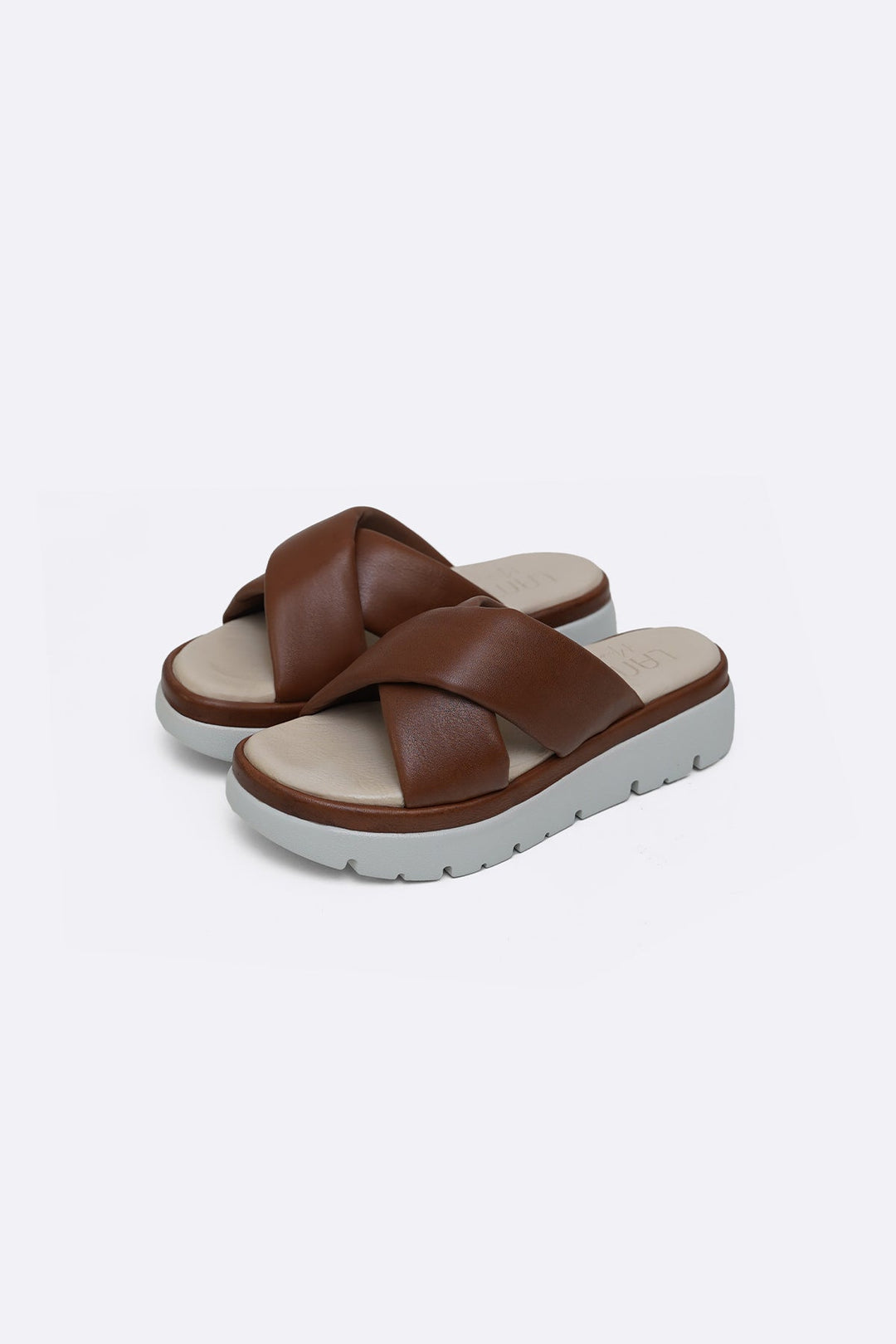 BROWN LEATHER MAMA CROSS SLIDES