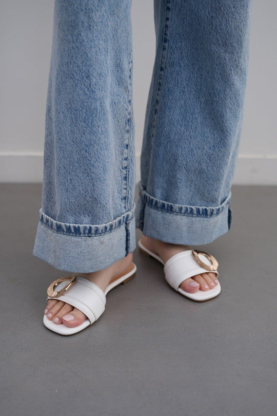WHITE MADRID BUCKLE SLIDES