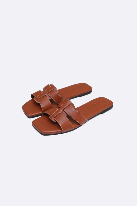 TAN CUSHIONED STITCH SLIDES