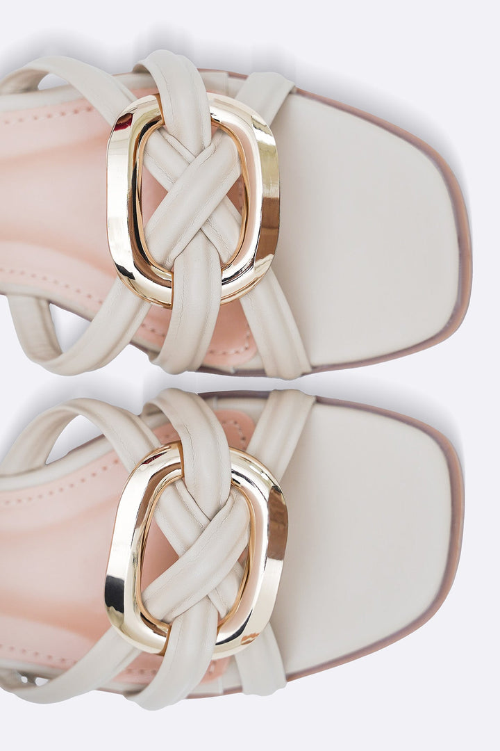 BEIGE DREW BUCKLE SLIDES
