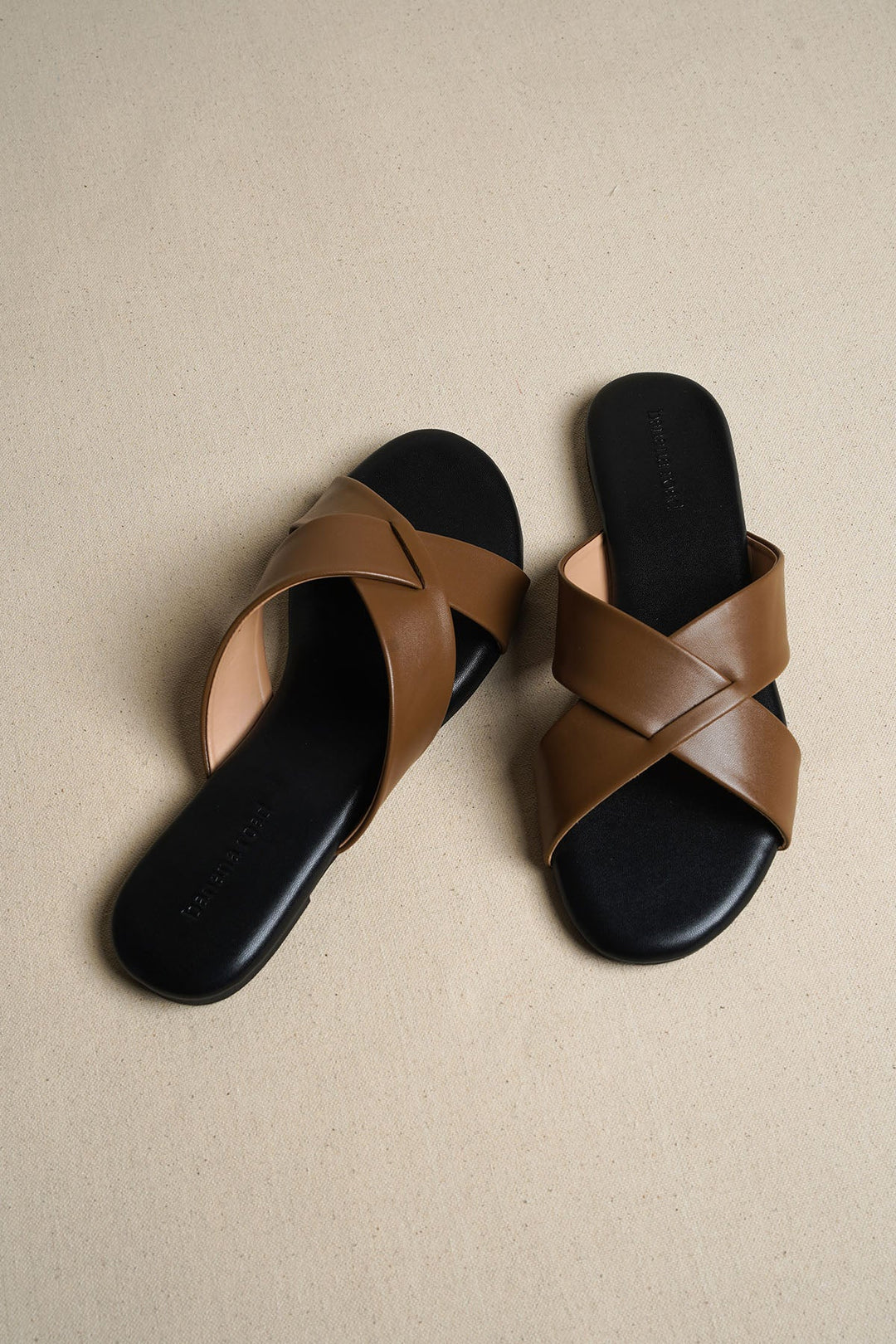 TAN CROSS STRAP SLIDES