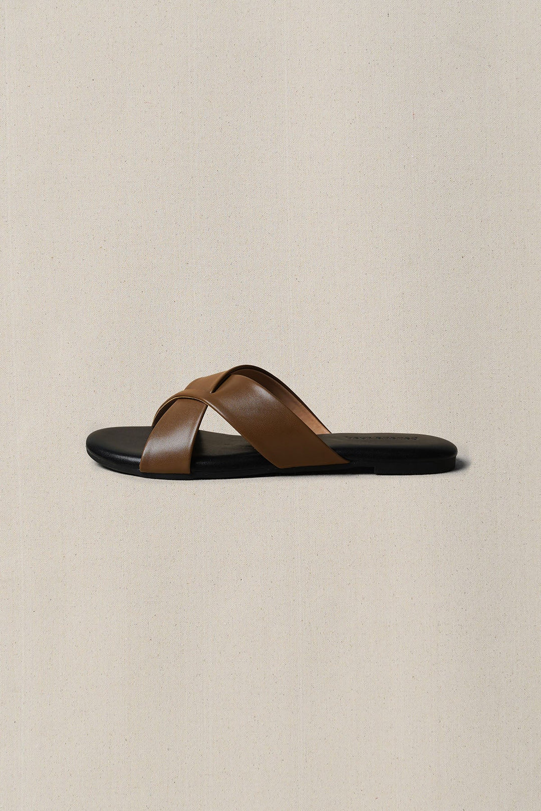 TAN CROSS STRAP SLIDES