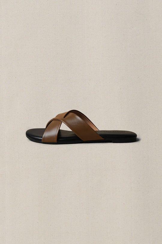 TAN CROSS STRAP SLIDES