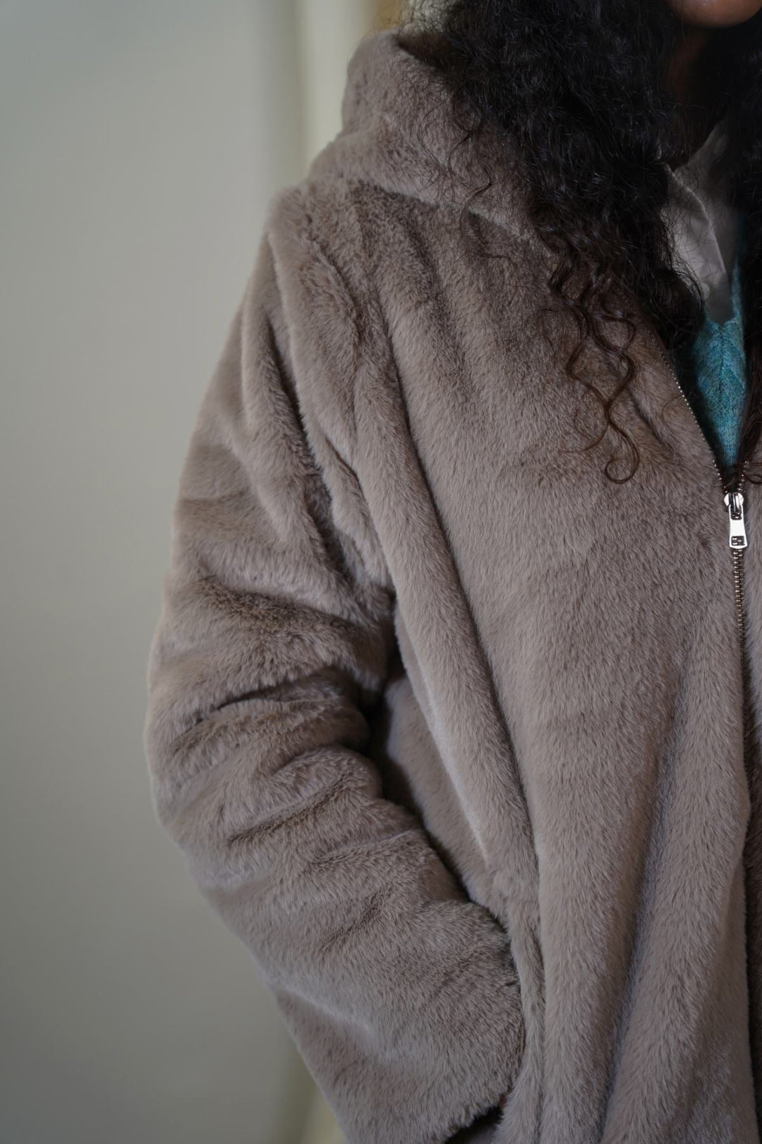 KHAKI LONG FUR JACKET