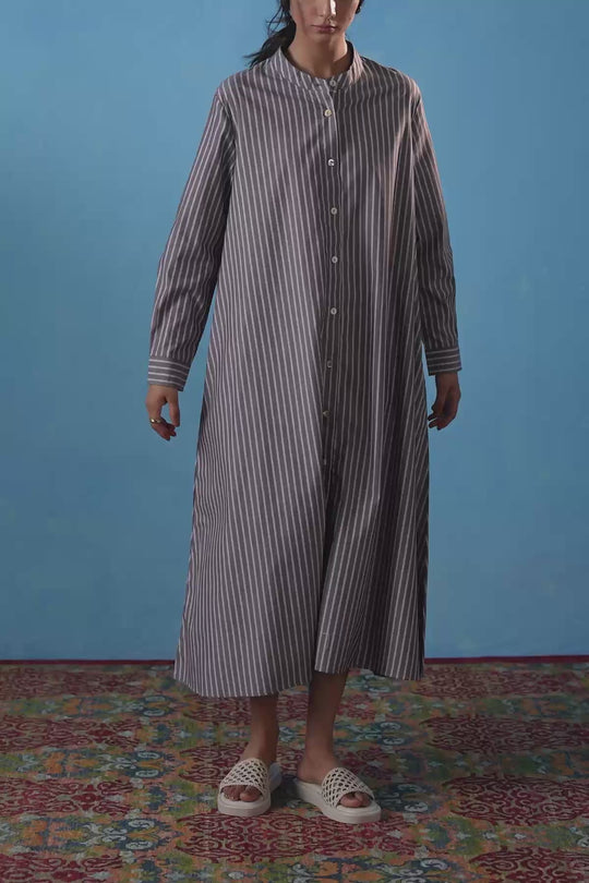 BROWN COTTON STRIPE SHIRT DRESS